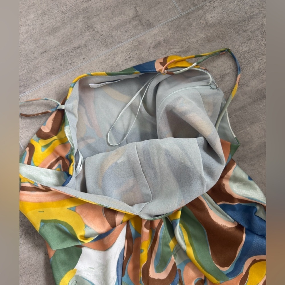 FLORET STUDIOS Printed Tie Front Satin Maxi Dress in Yellow Multi Swirl Size S - Picture 10 of 15